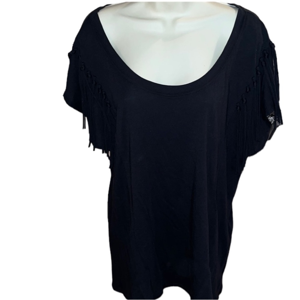 Copper Key size XL black scoop neck short sleeve tee fringe slight high low